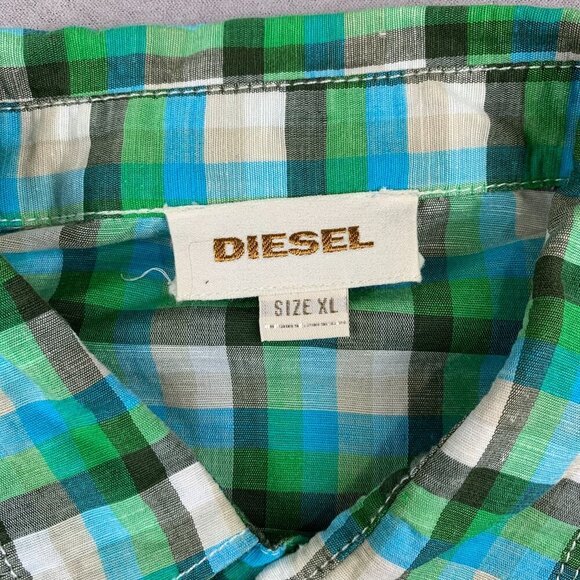 Diesel Mens Shirt XL Green Blue Plaid Button Up Linen Cotton Patches Embroidered - Picture 5 of 11